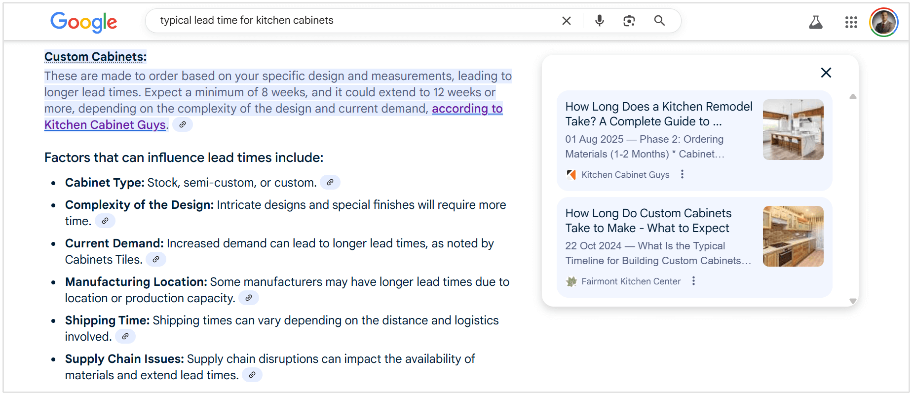 AI Overview for kitchen cabinets lead time